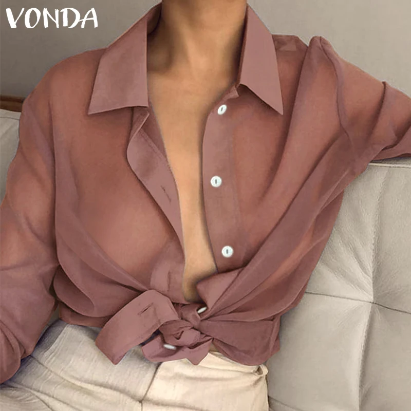 VONDA, женская блузка, сексуальная, с отворотом, на шее, с длинным рукавом, топ, весна-лето, пляжная одежда, Офисная рубашка, прозрачная, Просвечивающая, Blusas 5XL
