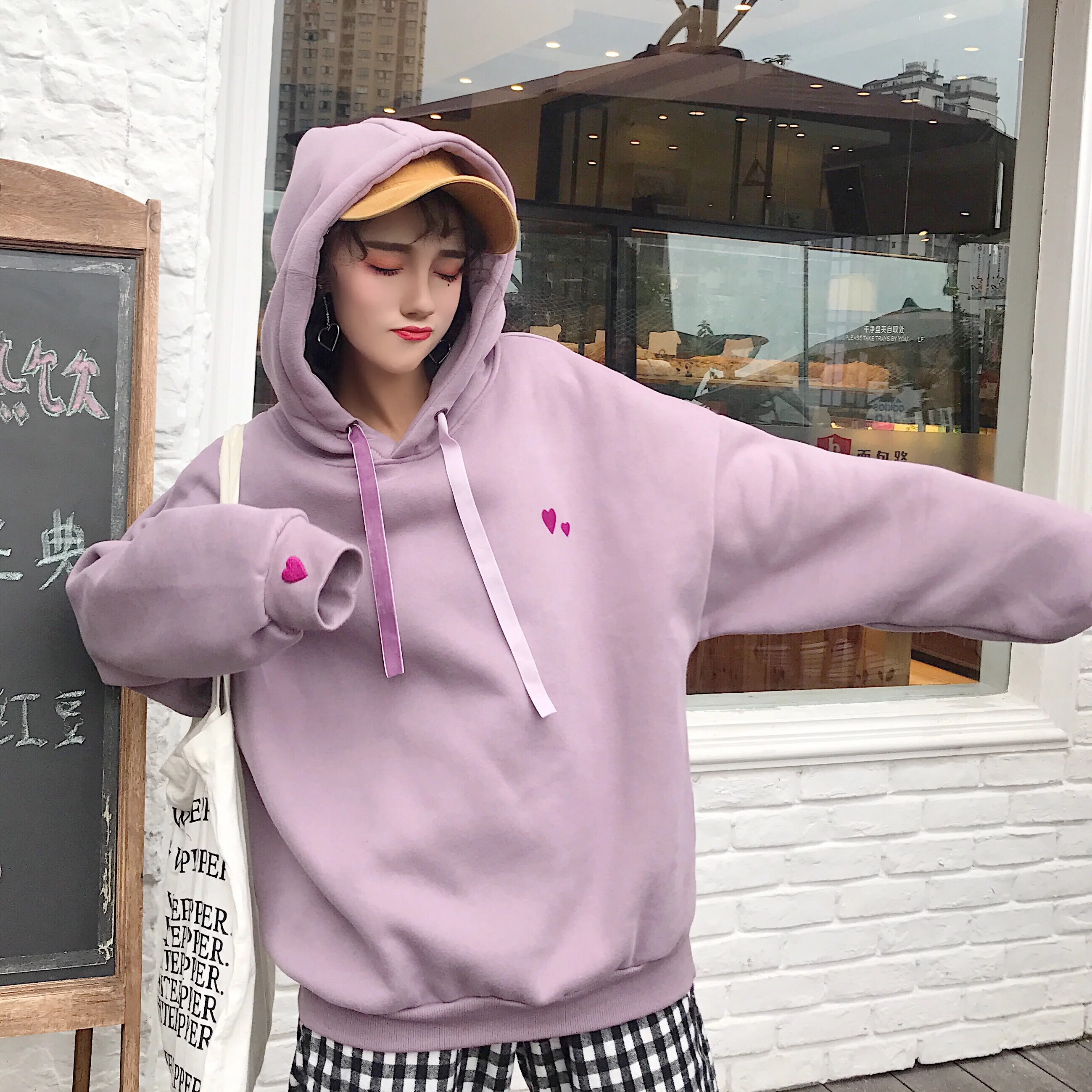 Harajuku толстовка женская осень зима корейский стиль милое сердце флис толстый с капюшоном длинным рукавом кофты Женские топы