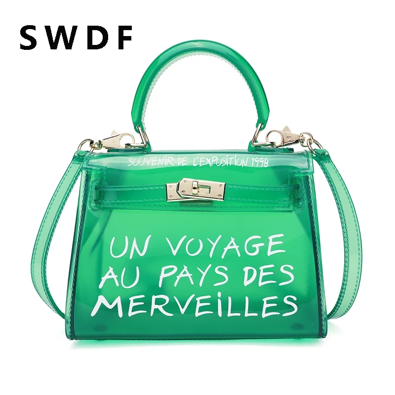 SWDF 2018 PVC Transparent Women Handbag Clear Jelly Bag Candy Color Tote Designer Plastic Letter Printing Crossbody | Багаж и сумки