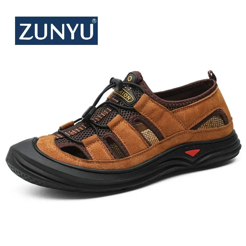 Мужские кожаные и сетчатые уличные сандалии ZUNYU лето 2019 Мужская дышащая