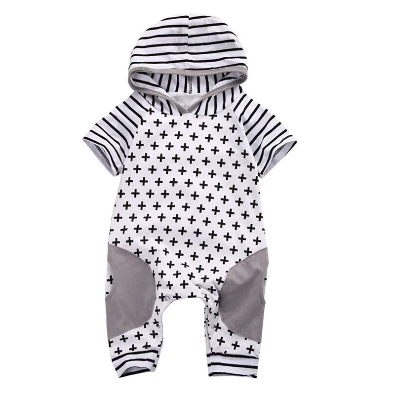 Emmababy младенческой Дети для маленьких девочек мальчиков Симпатичные полосой плюс знак печати комбинезон с капюшоном Bebe для девочек Крест короткий рукав Комбинезоны для малышек Playsuit