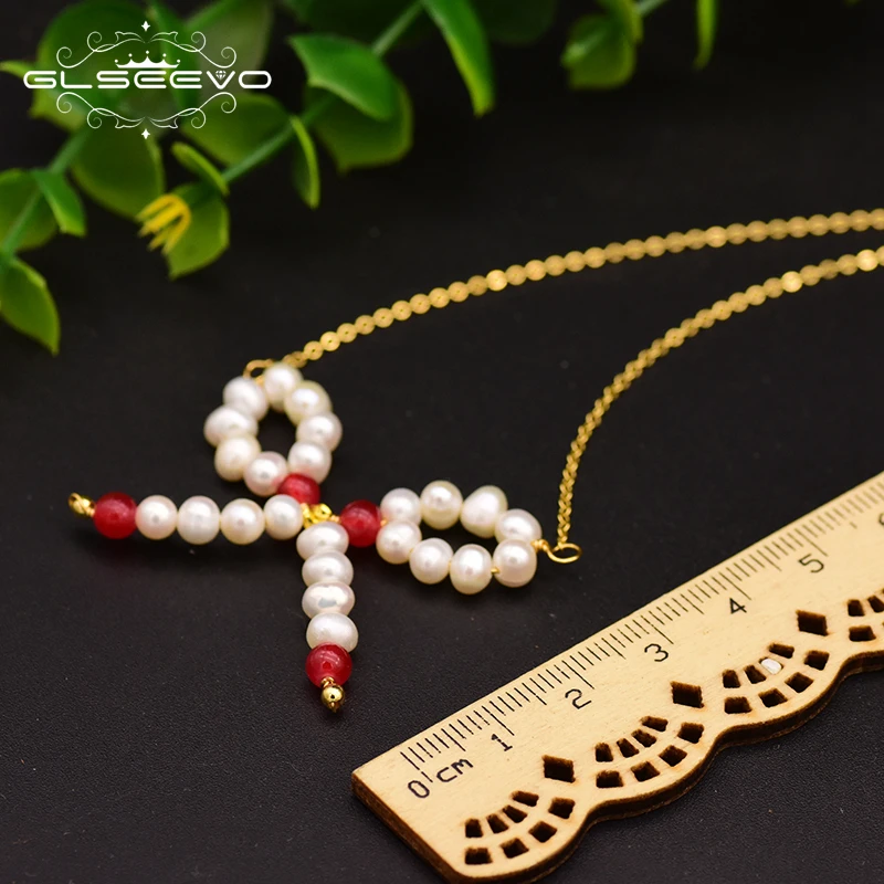 

XlentAg 925 Sterling Silver Natural Fresh Water Pearl Bow Pendant Necklace For Women Mom Daughter Gift Fine Jewelry Kolye GN0089