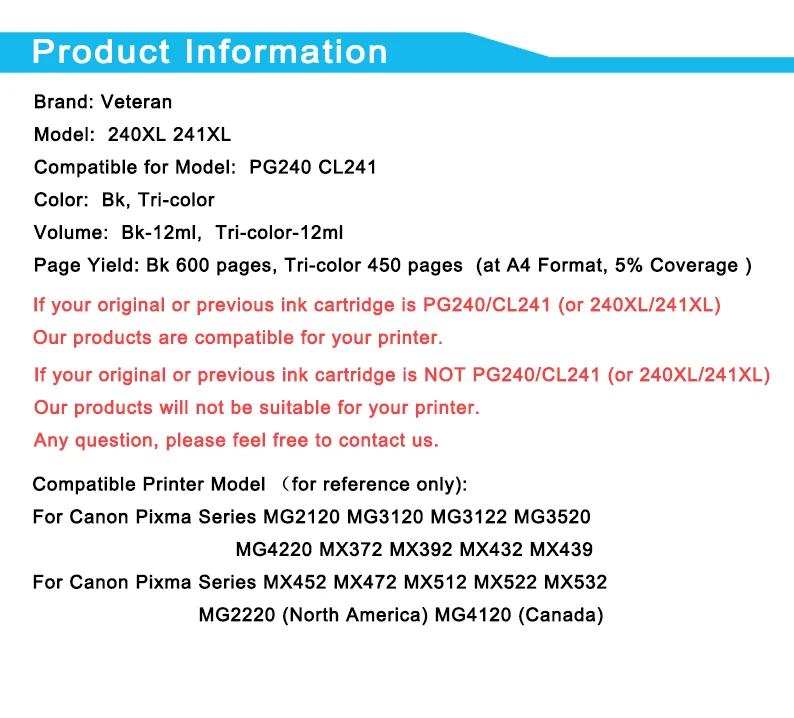 Veteran PG 240 CL 241 Ink Cartridge for Canon PG-240 CL-241 PG240 CL241 Pixma MX452 MX472 MX512 MX522 MG4220 MG4120 MG2220 | Компьютеры и
