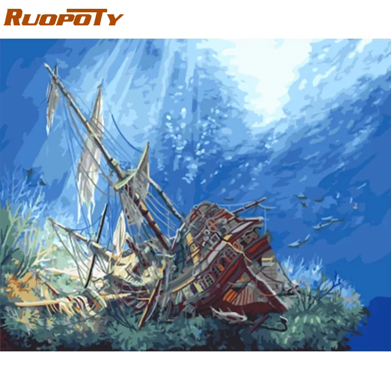 

RUOPOTY Frame Sea Floor Boat DIY Painting By Numbers Acrylic Canvas Painting Home Decoration Unique Gift Modern Wall Art Picture