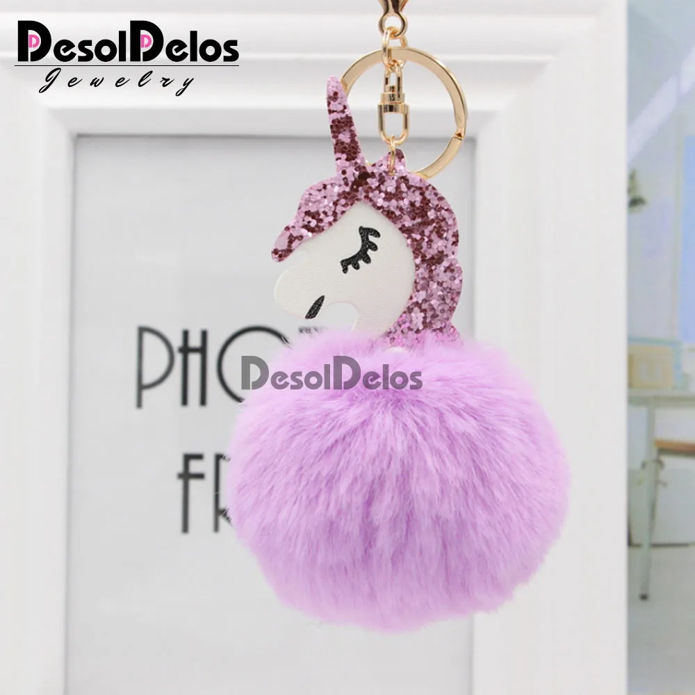 Новинка 2019 пушистый брелок для ключей в виде единорога помпон из искусственного
