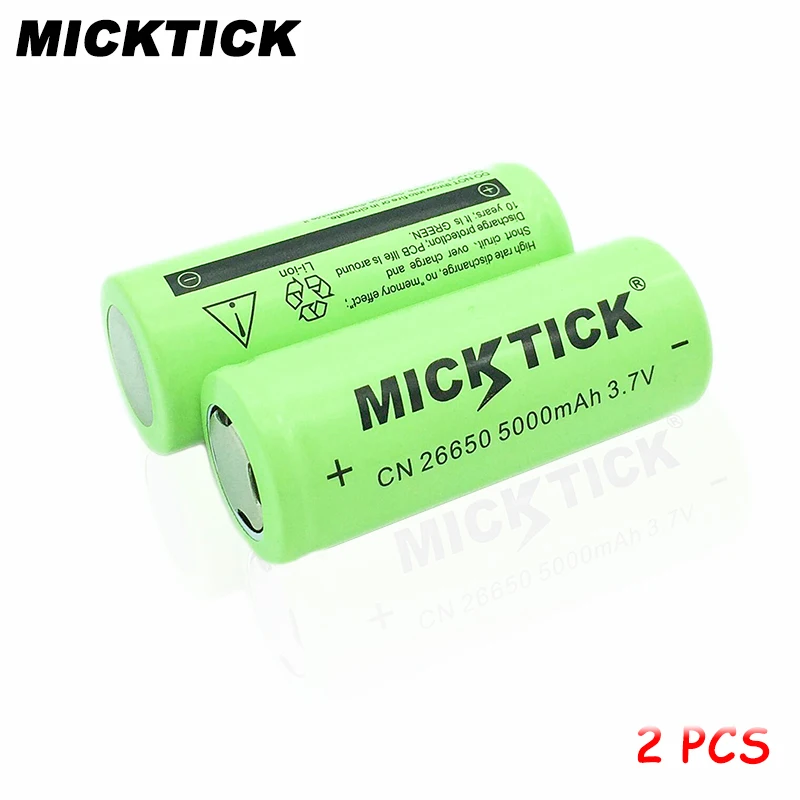 2 шт 3,7 V 26650 5000 мА/ч, micktick Батарея батарейки литий ионная батарея Перезаряжаемые большой Ёмкость T6 Фонарик светодиодный