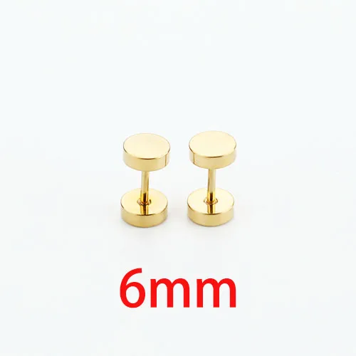 6mm gold 2 шт., модные мужские серьги-гвоздики со штангой, Поддельные беруши, титановая сталь, Brincos, 6-12 мм, серебро, золото, черный цвет, не вызывает аллергию для женщин - Окраска металла: 6mm gold