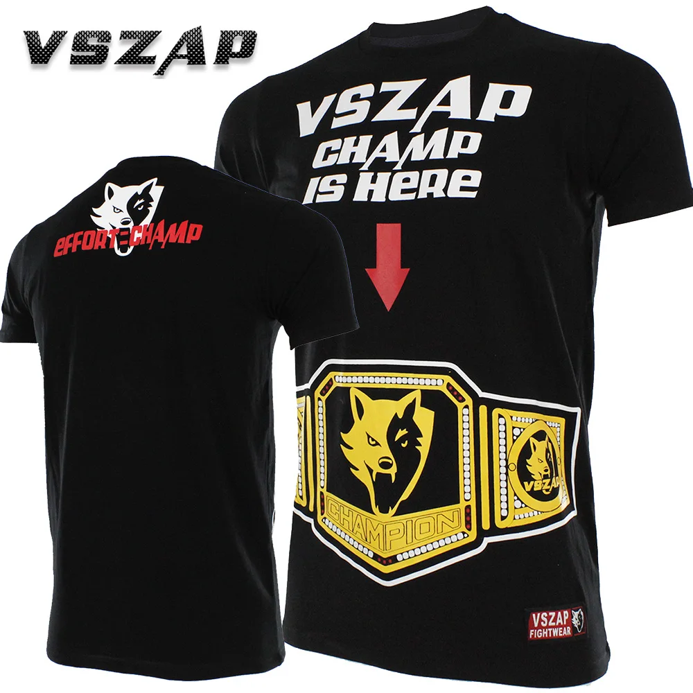 VSZAP ЧЕМПИОН ЗДЕСЬ Муай тай Короткие Золотой Волк ММА Бокс Фитнес Хлопок Футболки