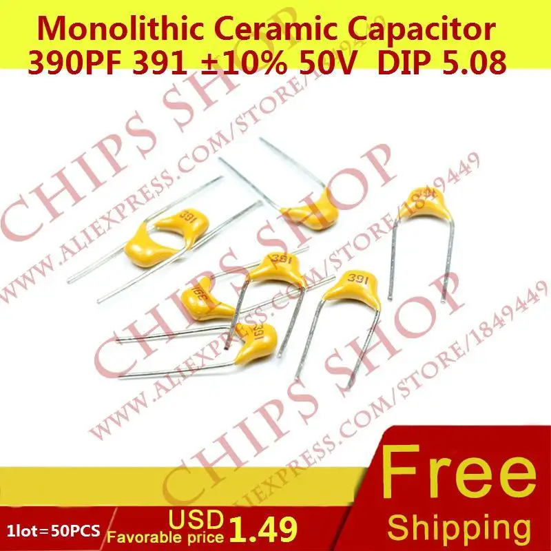 1 лот = 50 шт. монолитную Керамика конденсатор 390pf 391 10% В DIP 5.08 мм 0.39nf|ceramic capacitor|monolithic
