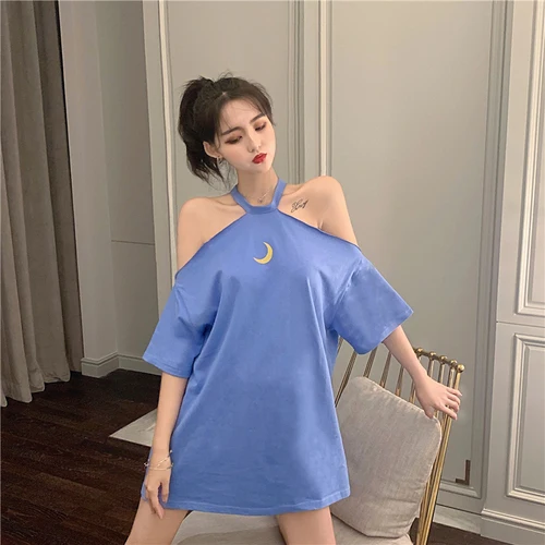 Blue T-shirt Женские футболки Харадзюку с принтом Луны, короткий рукав, без бретелек, Свободный Топ, футболки, Летние повседневные футболки для женщин - Цвет: Blue T-shirt