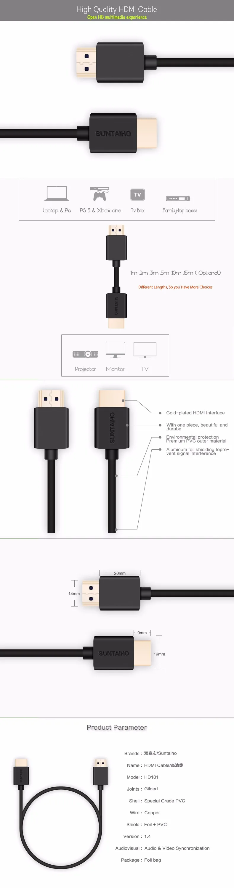 Suntaiho 9 футов 1 м, 2 м, 3 м, 5 м, 10 м высокоскоростной позолоченный штекер Male-Male HDMI кабель 1,4 версия w нейлоновая сетка 1080p 3D для HDTV XBOX PS3
