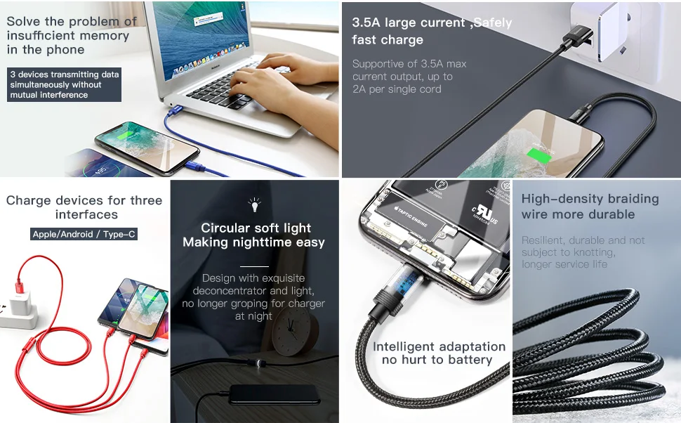 Usb-кабель Baseus 3 в 1 для iPhone, зарядный кабель для передачи данных, кабель USB type-C, кабель Micro usb для samsung Xiaomi, провод