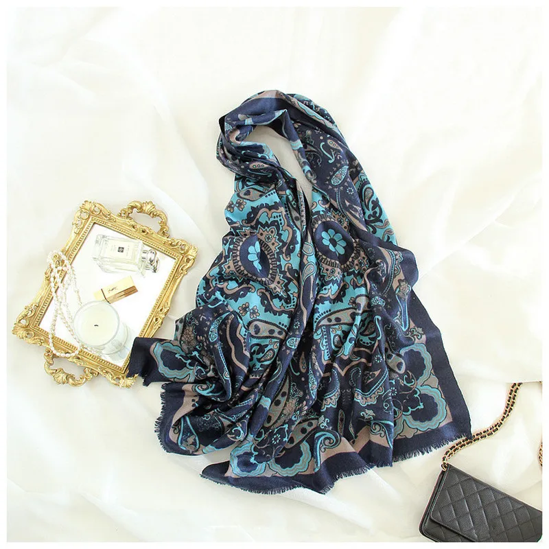 

exquisite classic vintage printed 100%goat cashmere women fashion mid-thin big scarf shawl pashmina 70x190cm royal blue