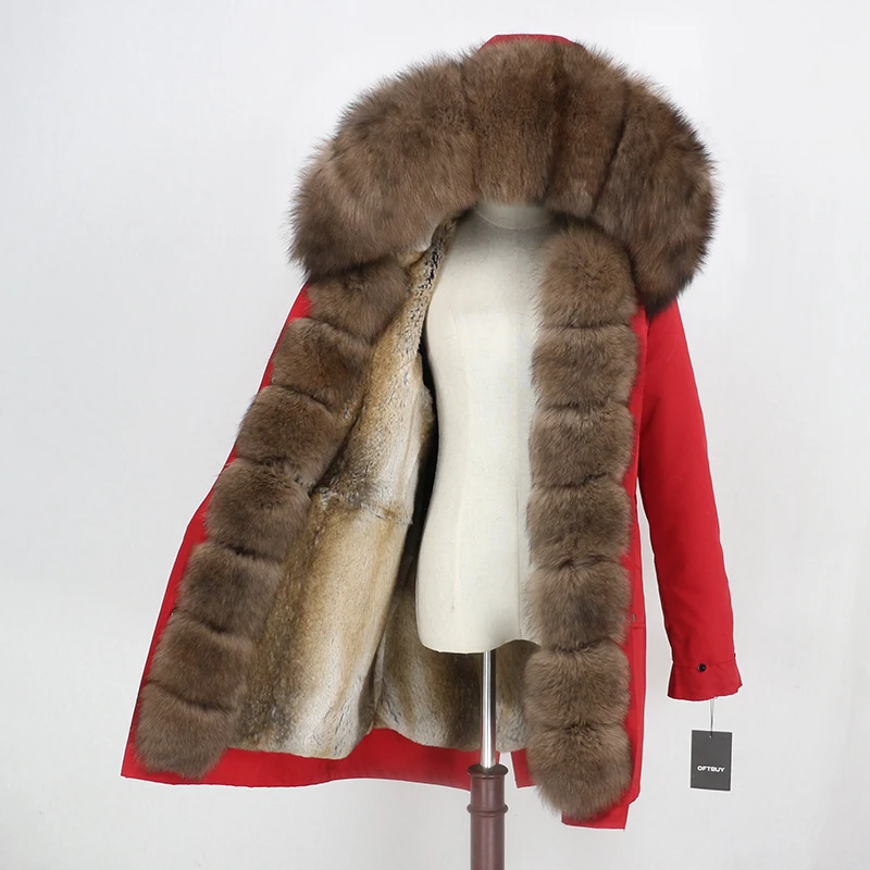 red dark brown OFTBUY, пальто из натурального меха, зимняя куртка, Женская водонепроницаемая длинная парка, натуральный Лисий мех, воротник, капюшон, мех кролика, подкладка, верхняя одежда, съемная - Цвет: red dark brown