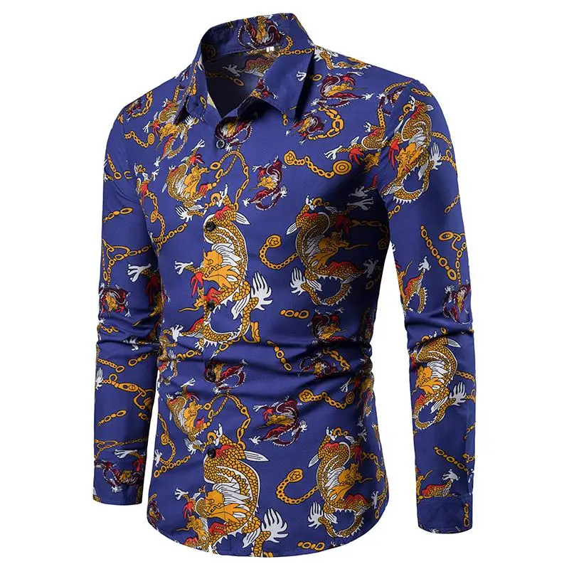 

Hawaiian Shirt Dragon pattern Chinese style Fashion Mens Shirt Long sleeve Blouse Men's clothing New Black Blue Red