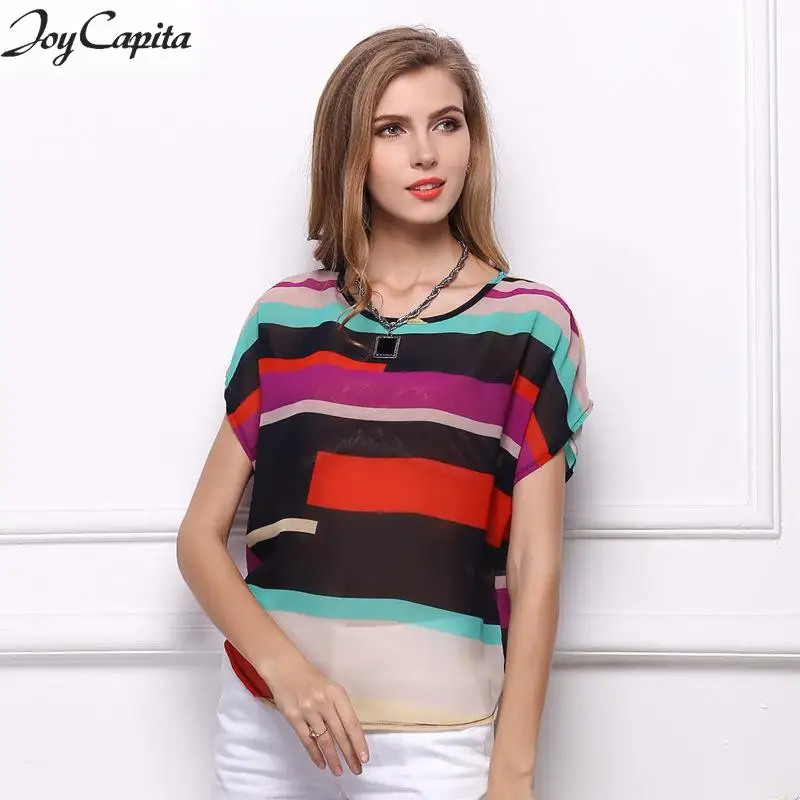 Joy Capita 2017 Striped Chiffon Women Blouses Batwing Sleeve O-neck Brand Blouse Casual Tops |