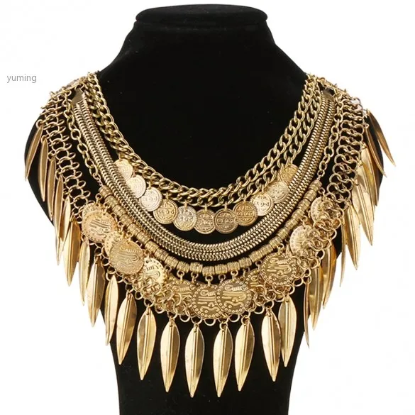 Hot Sell Vintage Necklaces Ethnic Jewelry Carving Flower Letter Round Gold/Silver Coin tassels Choker necklaces 36 | Украшения и