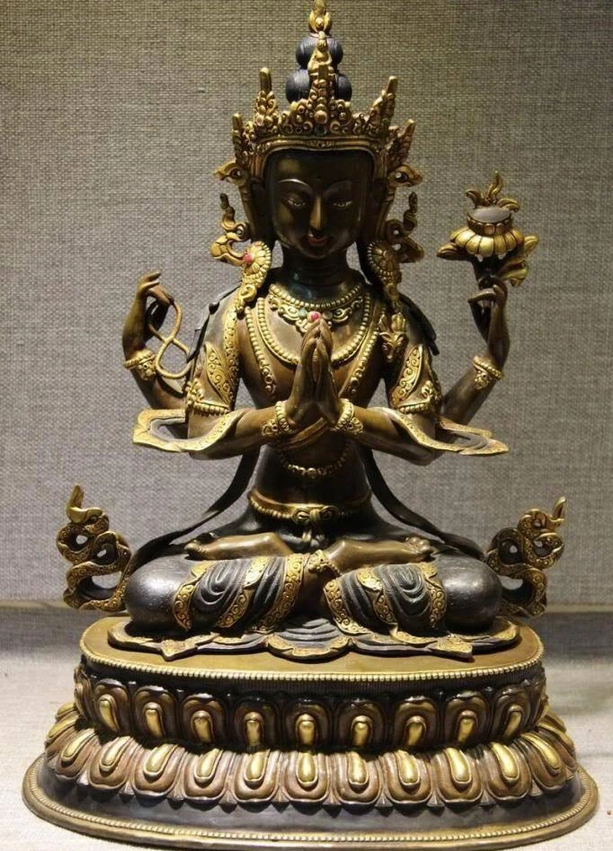 14 тибетская медная бронза 24K Золотая крышка четырехъядерный Avalokitesvara Guan Yin Buddha