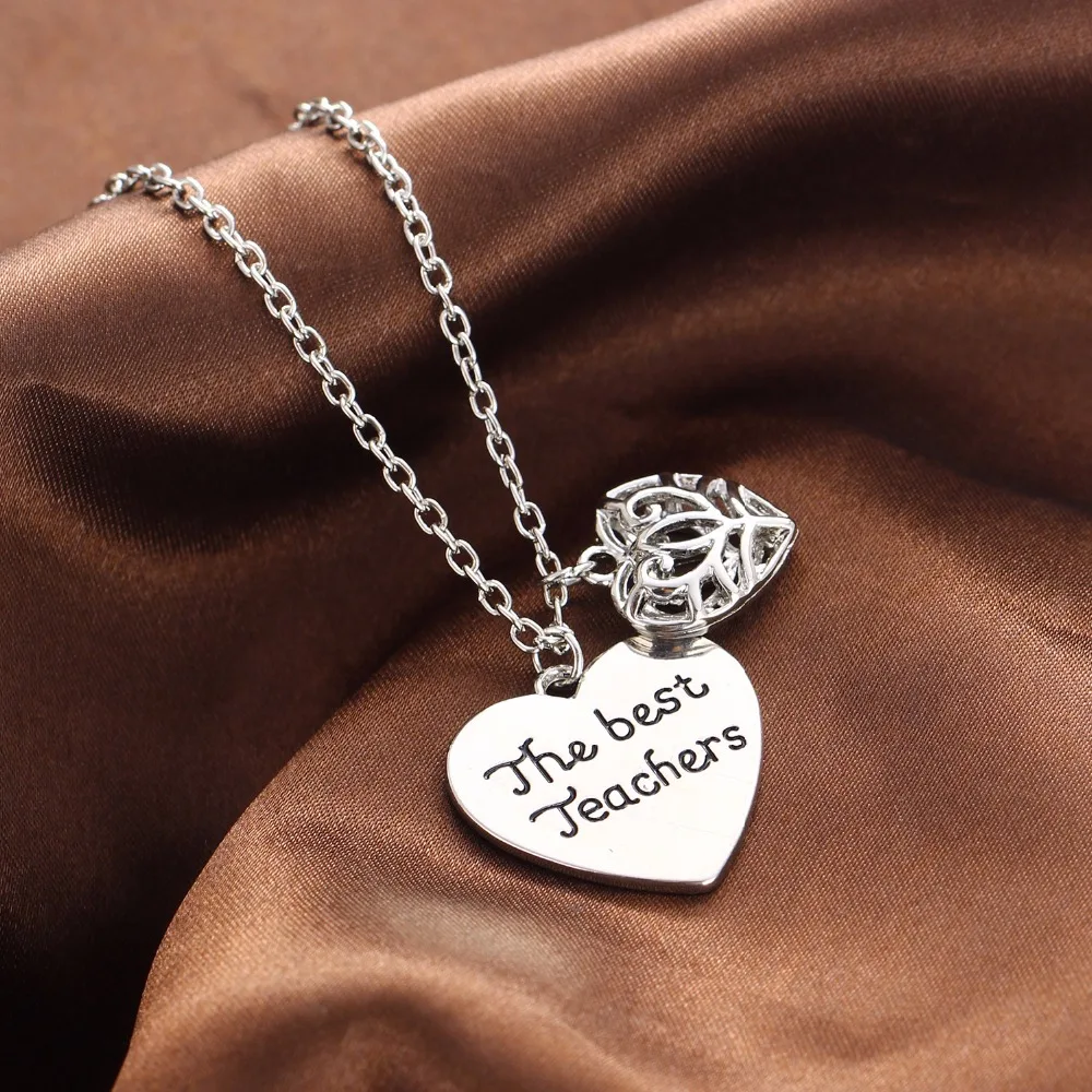 

12PC/Lot The Best Teachers Hollow Heart Pendant Necklace Love Charm Jewelry Thanksgiving Teacher's Day Xmas Choker Collar Gifts