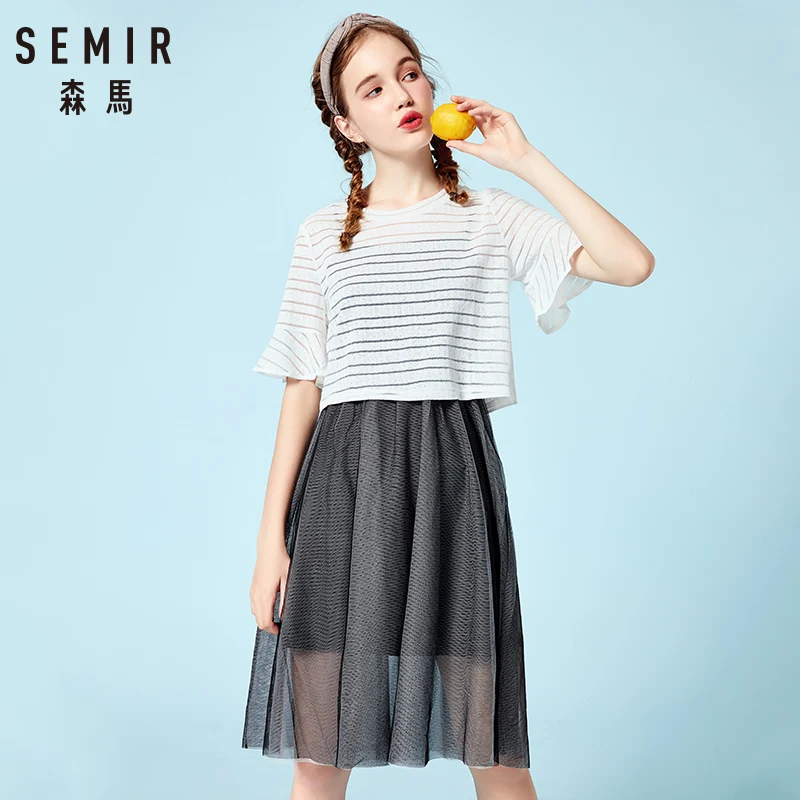 Semir 2018 Summer New Dress Female Two-piece Suit Short-sleeved T-shirt Suspender Mesh Lace Dresses For Women Clothing | Женская одежда