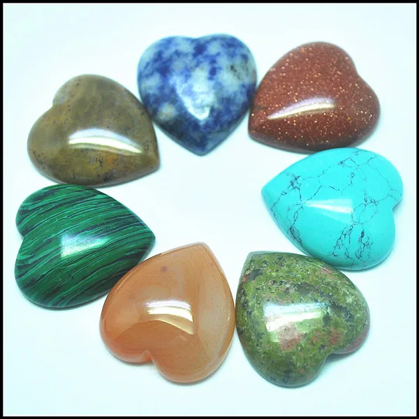 10pcs nature stone cabochons heart shape mix different types of jadee turquoisee malachite sodalite agatee unakite 25mm | Украшения и
