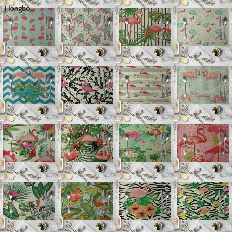 

Linen Placemat Flamingo Tropical Plants Pattern Dining Table Mat Cloth Table Napkins for Wedding Kitchen Coffee Cup Mat Party De