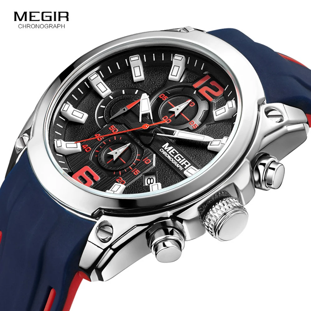 

Megir Sport Wrist Watch Men Luxury Waterproof Relogio Masculino Fashion Brand Military Men's Wristwatch Quartz Silicone Blue F1