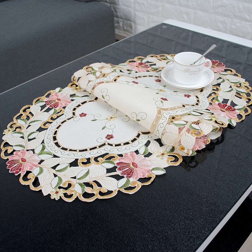 RAYUAN Handmade Embroidered Daisy Flower Cutwork Oval Tablecloth Wedding Party Decor Table Cover Cloth 40x85CM | Дом и сад
