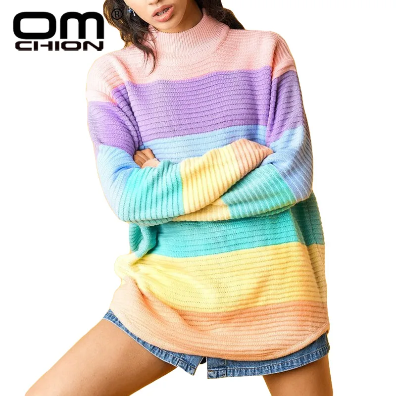 OMCHION Sueter Mujer 2018 осень водолазка Macaron Радуга свитер Женский Повседневный