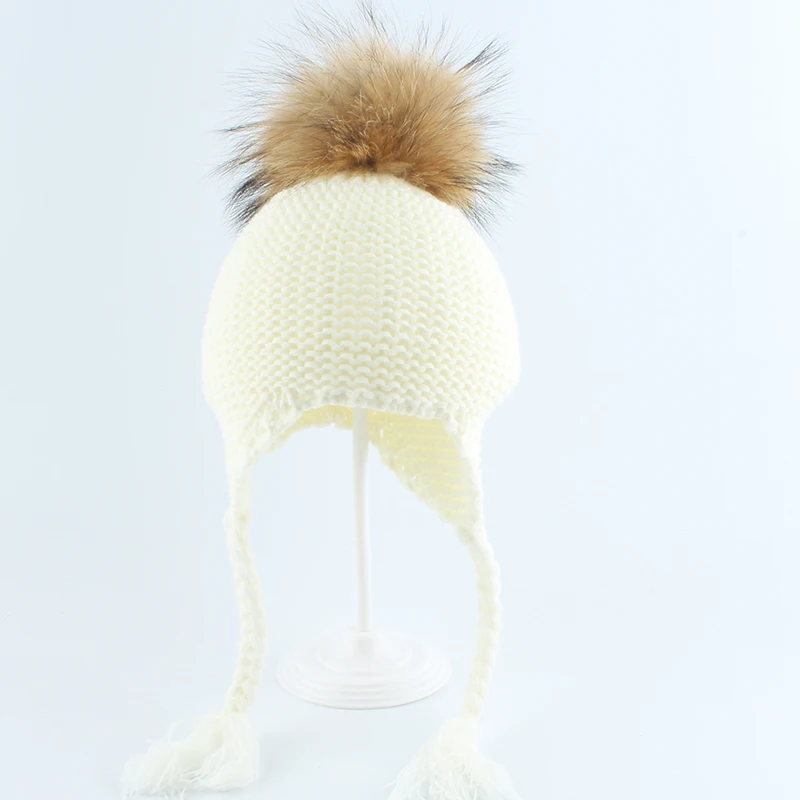 Настоящий помпон из меха енота Beanie шапки для детей мальчиков и девочек Babay зимняя