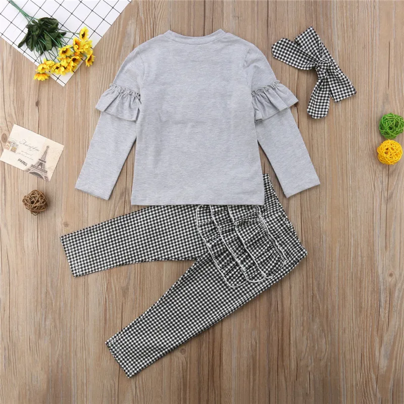 Toddler Kids Baby Girl Grey Ruffle T Shirt Tops White Black Plaids Pants Leggings 3Pcs Headband Outfits Clothes Set | Детская одежда и