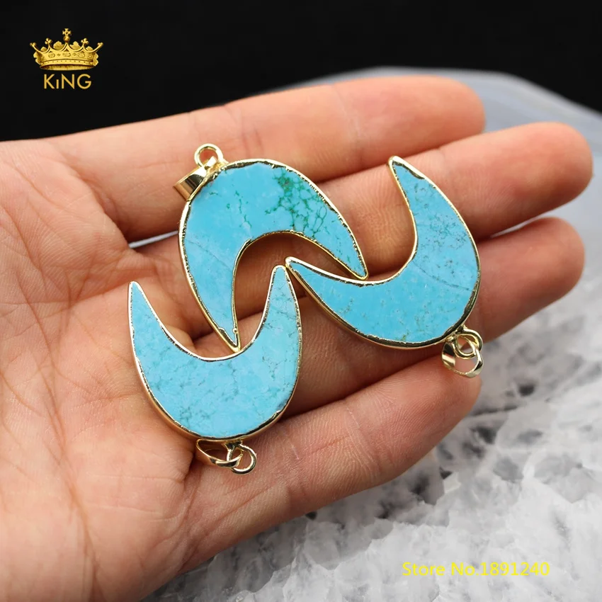 

10PCS Blue Turquoises Plated Gold Edged Charms Pendants Jewelry,28x30mm Crescent Arch Shaped Howlite Making Earrings Gifts HS02