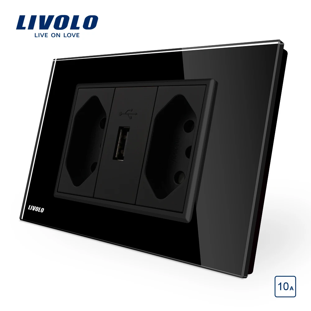 Livolo бразильский/Итальянский стандарт 3 контакта 10А розетка с USB, белая стеклянная панель USB розетка, C9C2UBR1-11
