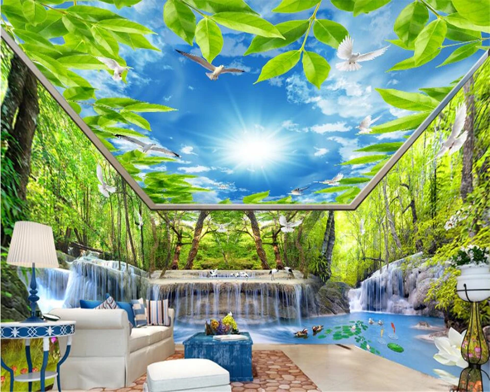 3D обои beibehang Водопад водопад лес журавль белый голубь дом тематические
