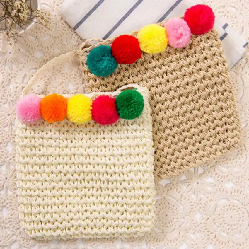 

Retro fashion simple school yard wind diagonal cross-shoulder bag color wool ball straw bag beach bag handbags