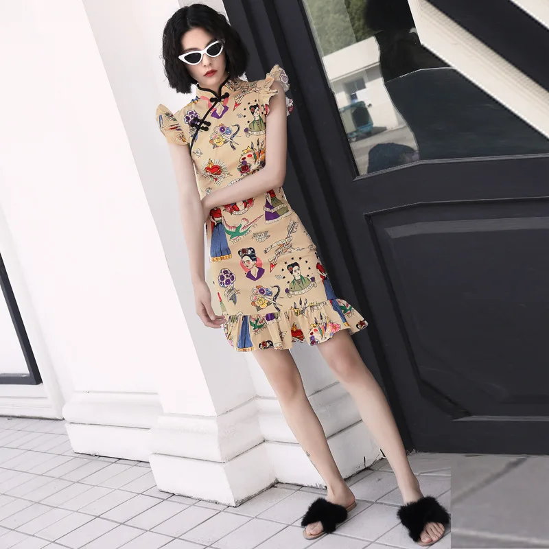 Винтажный принт, современный креативный дизайн, Cheongsam, модное летнее платье для девочек