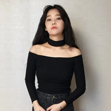 Европейский стиль Сексуальная футболка с вырезом лодочкой черного серого и