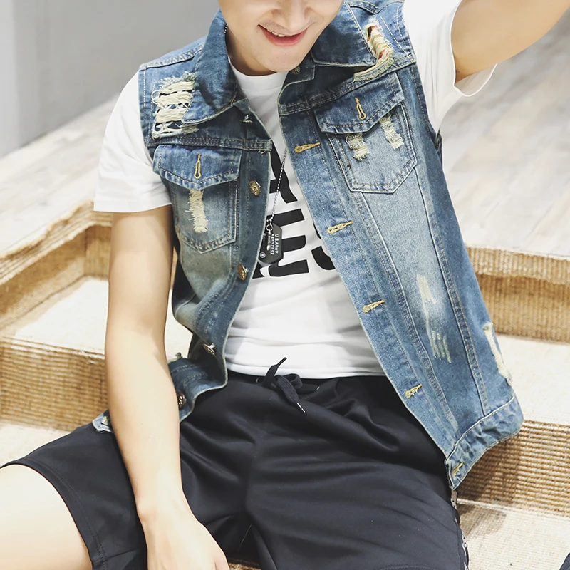 

New Vintage Design Men's Denim Vest Male Slim Fit Sleeveless Jackets Men Hole Jeans Waistcoat Plus Size S-5XL