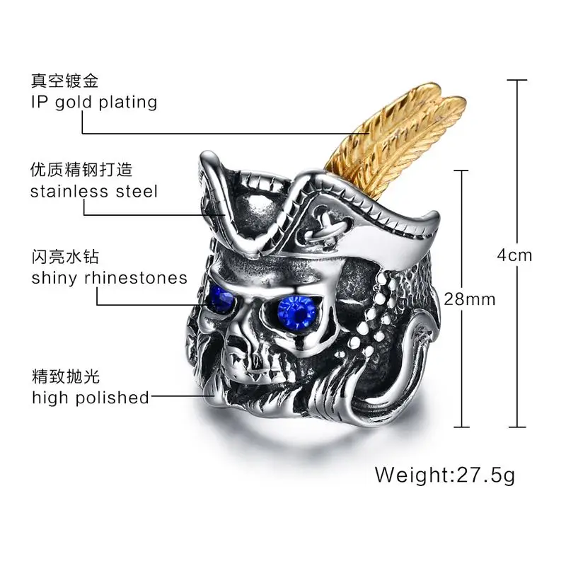 ITIANXI Stainless Steel Pirate Part Plated-Gold Skull Ring For Men Skeleton Feather Hat Titanium Boy's Punk | Украшения и