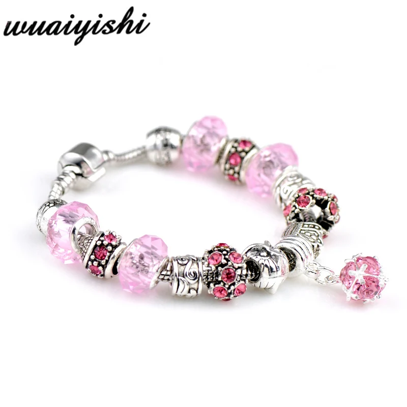 Женский браслет pulseras mujer с кристаллами и бусинами, очаровательные ювелирные изделия, серебряные DIY Браслеты для женщин, модный браслет, цепочка из сплава bileklik - Окраска металла: PSL-0101-5pink