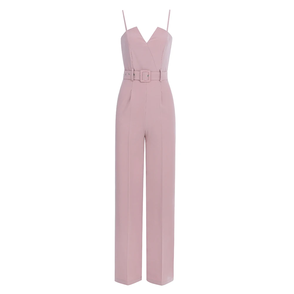 Seamyla New Women Party Jumpsuits Summer Sexy Spaghetti Strap Deep V Sashes Romper Full Length Long Jumpsuit Club Bodysuits - Color: Pink