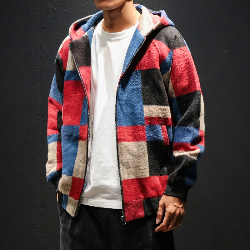 

Men Jacket Coat Plaid Hooded Bomber Jacket Men Clothes Woolen Plaid Hooded Men Jacket Coat Man Hip Hop Streetwear