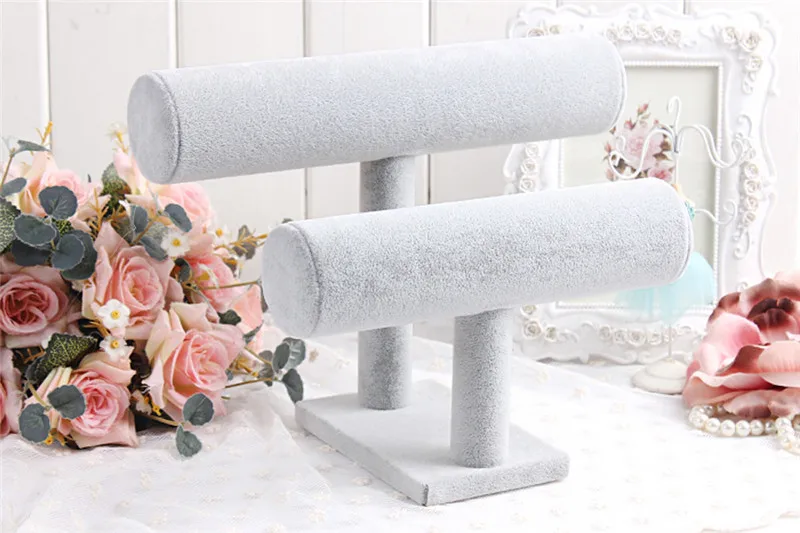 Quality 2 Tiers T-Bar Velvet Bangle Bracelet Watch Holder Jewelry Display Stand Gray Plush Displaying Bar New Supply#B10