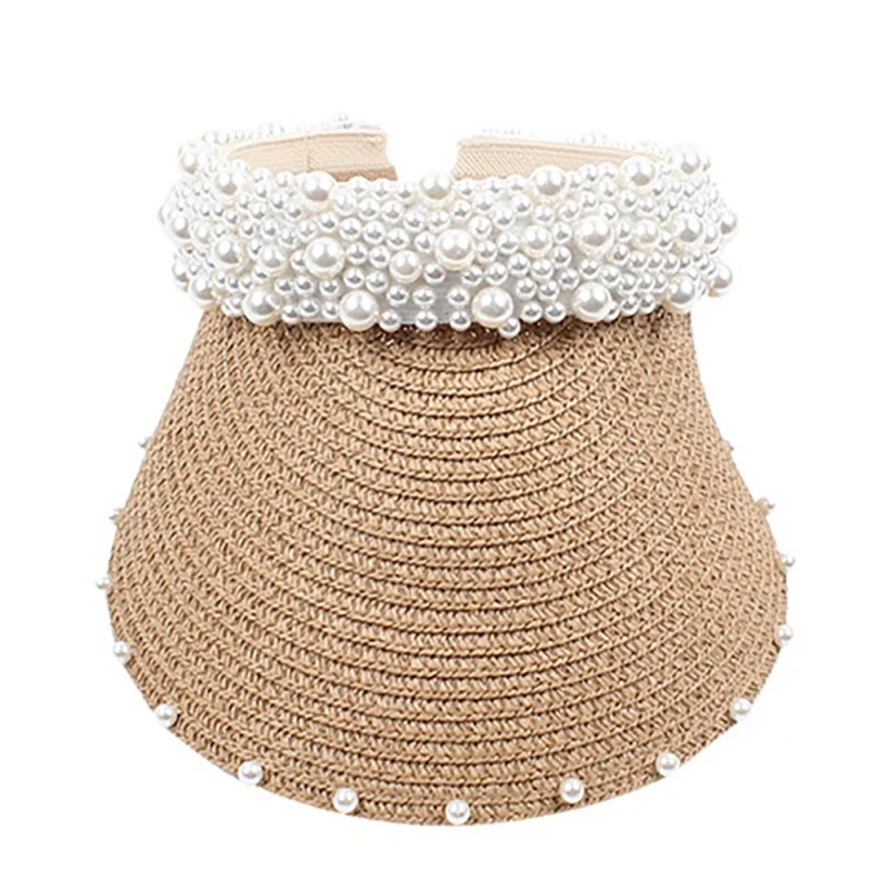 Summer Women Pearl Headband Hat Raffia Visor Caps For Girls Beach Hats Braided Fashion Cap Lady Summer Straw Sun Hat New