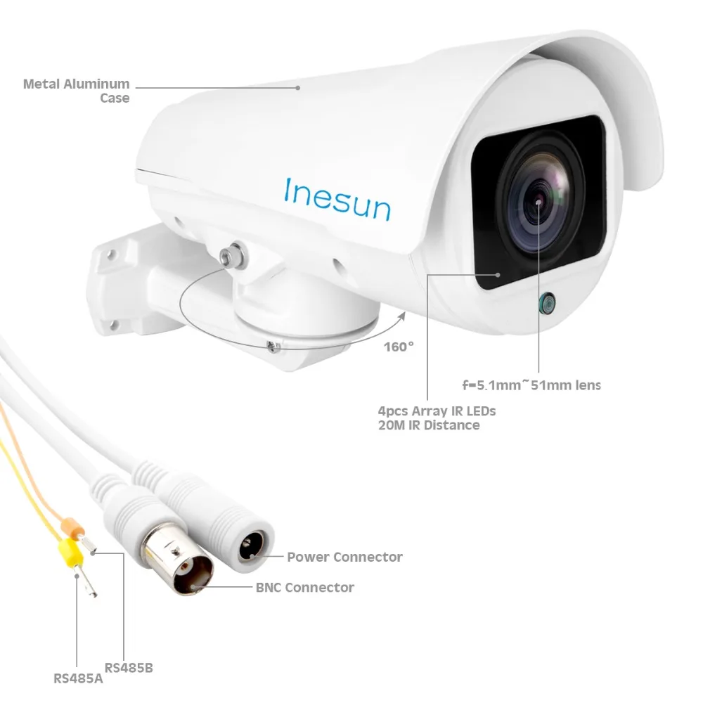 Уличная камера видеонаблюдения Inesun 2 МП HD 1080P 4 в 1 TVI/CVI/AHD/CVBS 4X/10X оптический зум 100