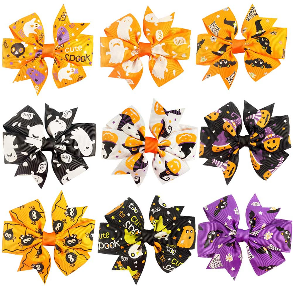 

Halloween Hair Bow for Girls With Smile Pumpkin Printed Ribbon Hairgrips Trick or Treat Festival Party Headwear Hair Accessories
