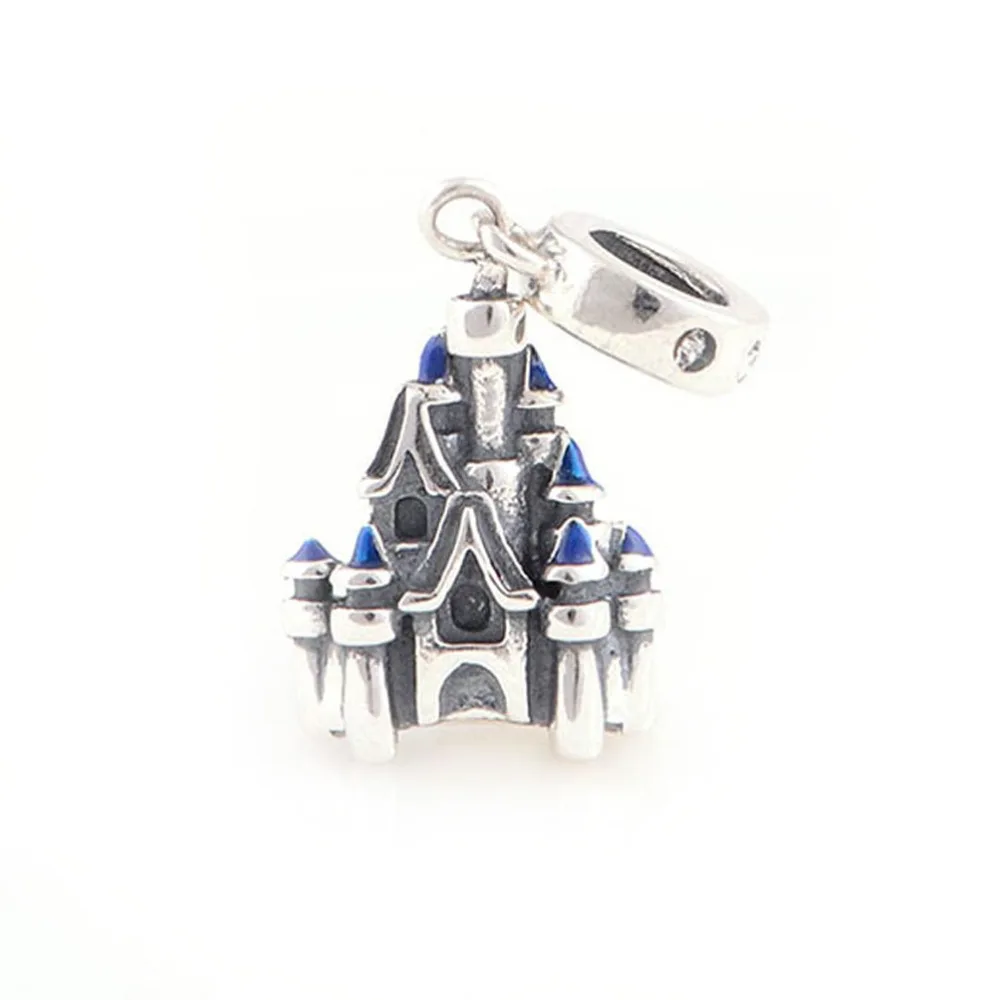 Серебряный подвесной шарм "Замок из голубой эмали" 925 Sterling Charms для женских браслетов DIY подходит для оригинальных чармов браслетов.