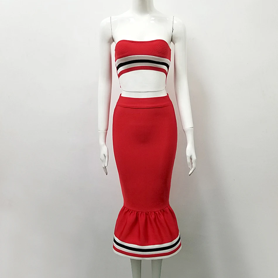 New fashion red two-piece ladies bandage dress sexy strapless fishtail stretch in the long calf club party 2020 | Женская одежда