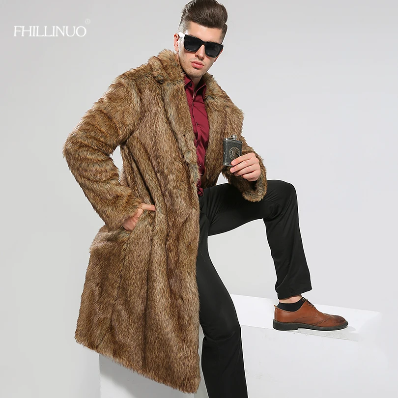 Модные мужские длинные пальто из искусственного меха однотонное с меховым