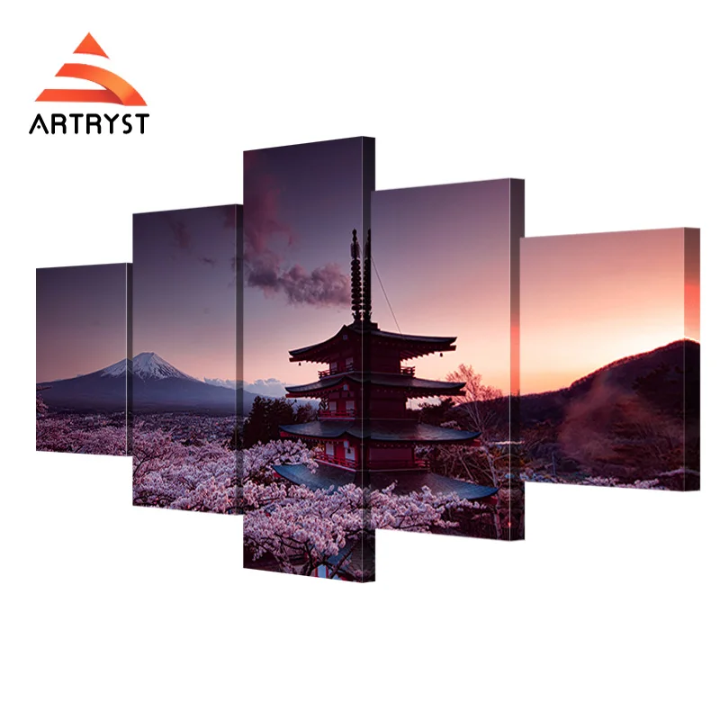 Модульная 5 панельная башня chuei Сакура fujiyama ландшафт HD Печать на холсте
